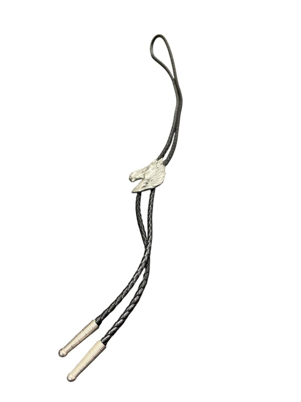 Siskiyou Buckle Co vtg mens silver black leather horse bolo neck tie SKU 10-907